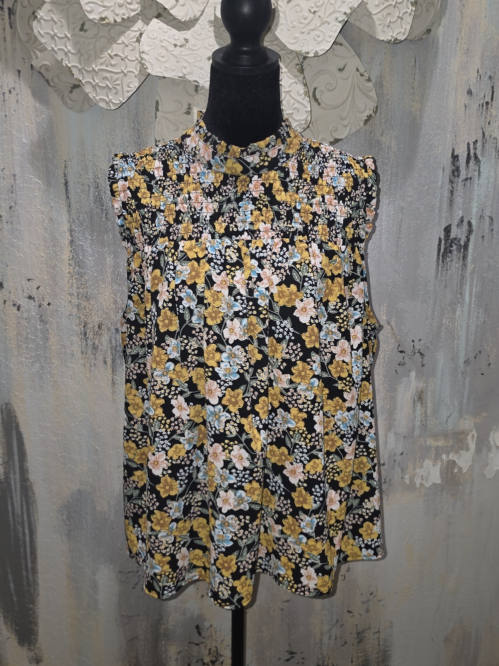 Dalia Black Floral Sleeveless Smocked Neck Flowy Camisole